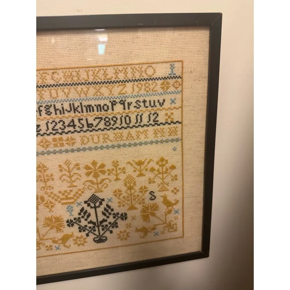 Antique Cross Stitch Sampler Alphabet Artifact Durham NH 12.75x14”
